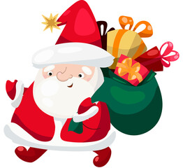 cute Santa Claus carrying a big sack of gifts. Classic Christmas character in festive style, perfect for holiday cards, posters, decorations, prints, and seasonal designs