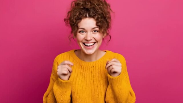 A cheerful young person with a radiant smile and wide, expressive eyes joyfully points to both sides, showcasing options or directing attention with enthusiasm. Her lively curly hair and vibrant yello