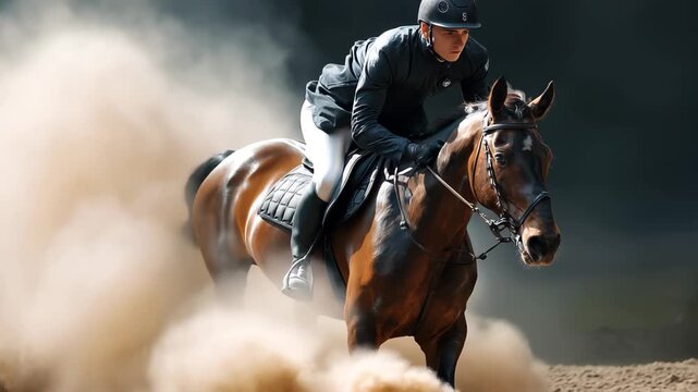 Dynamic performance of a daring equestrian athlete showcasing advanced riding skills on a powerful horse in a dust-filled arena during an outdoor event