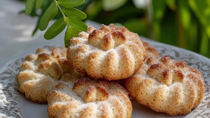 A close-up, beautifully composed shot reveals a tempting pile of freshly baked, golden-brown cookies or biscuits arranged delicately on a patterned ceramic plate. Each sweet treat boasts an intricate,