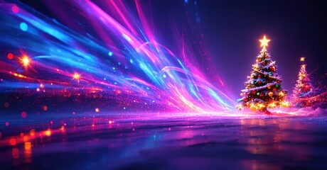 Vibrant light streaks illuminate snowy landscape. Christmas trees sparkle, creating festive winter scene. Bright colors dominate composition.