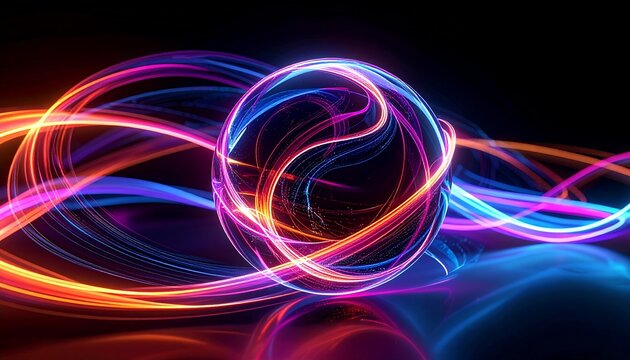 Vibrant neon light trails encircle a glowing sphere, creating a dynamic and futuristic abstract composition against a dark background, evoking energy and digital motion