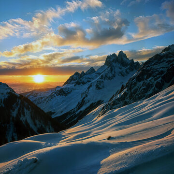 Sunrise over snowy mountain peaks with warm golden light, dramatic clouds and a peaceful winter landscape. A serene high-altitude scene showcasing nature&rsquo;s beauty, calm and wilderness.