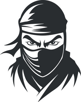 Stylized black and white vector illustration of a ninja character with a mask and bandana for design and branding projects
