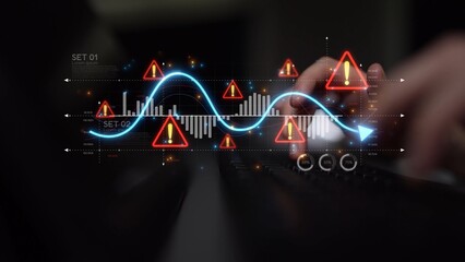 Economic caution visual showing risk alerts and financial volatility. Warning signs highlight economic downturn, market risk, finance crisis, and uncertainty in data-driven analysis. Muxer