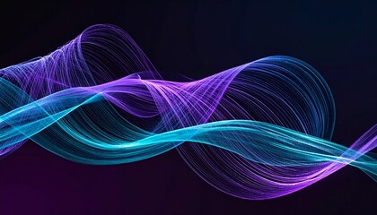A mesmerizing display of abstract digital waves with flowing lines of luminous blue and purple energy on a dark background