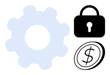 Gear symbolizing system, lock indicating data protection, dollar coin emphasizing finance. Ideal for technology, security, finance, business strategy, system management, cybersecurity digital