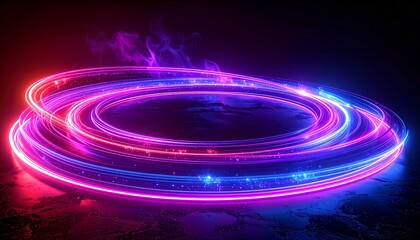 Vibrant neon light rings swirling in dynamic motion, creating a futuristic energy trail with glowing red, blue, and purple hues on a dark background, symbolizing digital flow