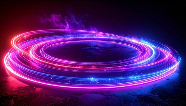 Vibrant neon light rings swirling in dynamic motion, creating a futuristic energy trail with glowing red, blue, and purple hues on a dark background, symbolizing digital flow