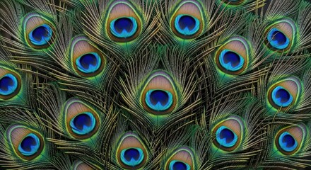 Fototapeta premium Close-up of Vibrant Peacock Feathers Displaying Intricate Patterns and Colors.