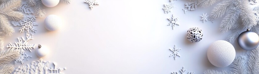 Winter Wonderland Monochromatic Festive Composition with Ornate Ornaments and Snowflakes