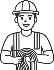 Obraz premium Outline vector illustration of a cheerful construction worker holding a coil of rope, suitable for industry and safety concepts