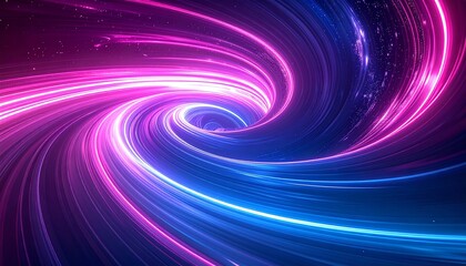 Abstract futuristic background with swirling pink and blue neon light trails forming a dynamic energy vortex tunnel