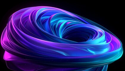 Dynamic abstract 3D swirl with vibrant neon purple and blue glowing light on a dark reflective background