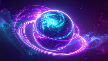 Abstract glowing sphere with swirling energy trails and neon lights, futuristic digital art