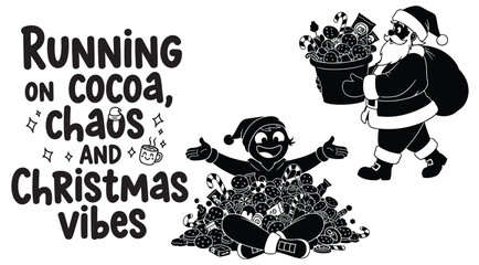 Black and white illustration of Santa Claus and child with Christmas treats vector