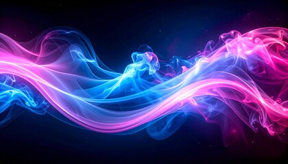 Vibrant abstract blue and pink smoke waves flowing through a dark space, creating a dynamic and luminous energy pattern with an ethereal glow