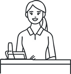 Obraz premium Minimalist line art vector illustration of a friendly cashier at a checkout counter, ideal for retail and service design projects