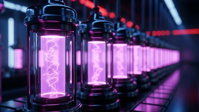 Futuristic energy cells with glowing plasma inside laboratory motion animated video.