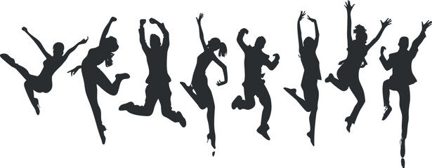 Dynamic silhouette vector illustration of dancers in various jumping poses, perfect for fitness and dance-themed projects