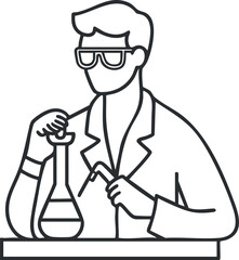 Line art illustration of a scientist in a lab coat conducting an experiment with a flask, suitable for educational and scientific themes