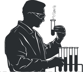 Silhouette vector illustration of a scientist conducting experiments in a laboratory with test tubes and a beaker
