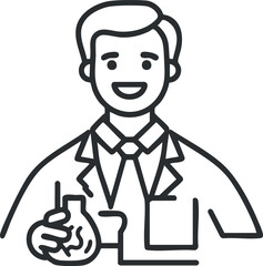 Obraz premium Outline vector illustration of a smiling scientist holding a flask, ideal for educational and medical design projects