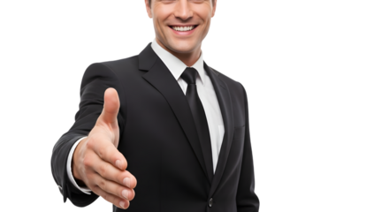 Businessman extending hand for handshake, isolated on transparent background