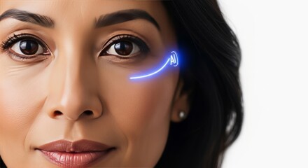 Woman with artificial intelligence integration near her eye. Futuristic beauty concept with smart technology for cosmetic enhancement. Beauty and robot synergy.