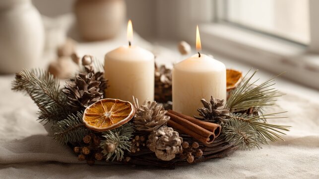 Two Advent Candles in Traditional Evergreen Wreath, Minimalist Christmas Still Life