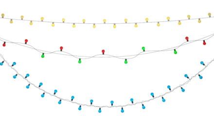 Three strings of colorful Christmas lights hanging against a white background.