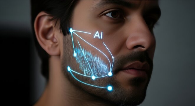 Man with AI projected onto his face. Artificial intelligence for facial recognition or beauty analysis concept.