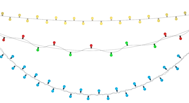 Three strings of colorful Christmas lights hanging against a white background.
