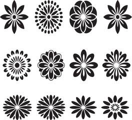 Twelve Black Floral Ornaments on White Background flower