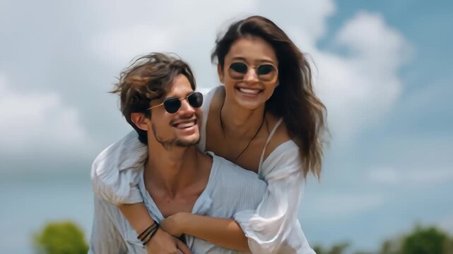Carefree couple enjoys a playful moment with piggyback ride under clear blue skies during a sunny day in a lush outdoor setting - Powered by Adobe