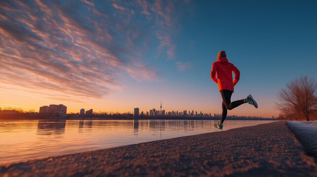 冬の都市で朝焼けと夕焼けの中ランニングとジョギングを楽しむ男性のスポーツ写真横構図