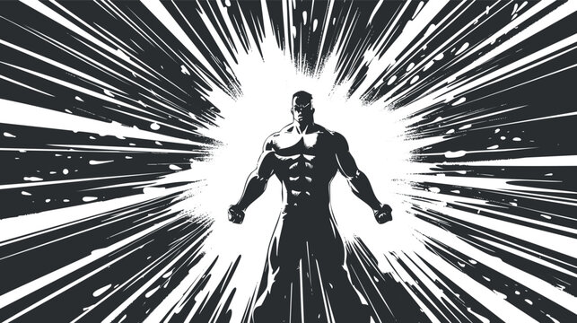 Dynamic black and white vector illustration of a powerful figure radiating energy in an explosive background for comic or action themes