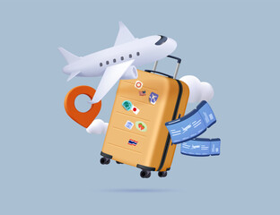 Travel and adventure 3D render vector illustration. Icons airplane, suitcase, pin symbolizing planning, booking