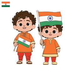 Illustration of two boys in traditional Indian attire. They are both holding Indian flag