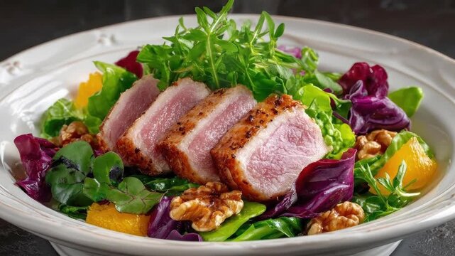 A close-up shot captures a vibrant and exquisitely prepared gourmet salad, featuring perfectly seared slices of tender meat nestled among a colorful medley of fresh greens. The dish is beautifully com