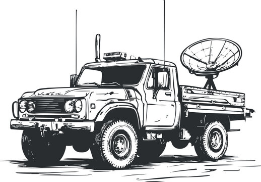 Detailed black and white vector illustration of a rugged pickup truck equipped with a satellite dish for communication and monitoring.