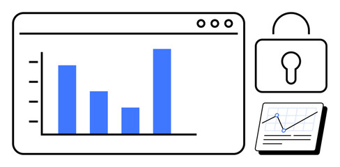 Bar chart on a digital dashboard, padlock symbol for data security, and report with line graph. Ideal for analytics, cybersecurity, data monitoring, online reports, business tracking, information
