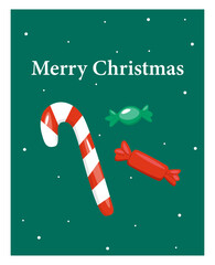 Merry Christmas card design. Festive holiday greeting poster with candy cane, sweets, lollipop in bow, star pattern.
