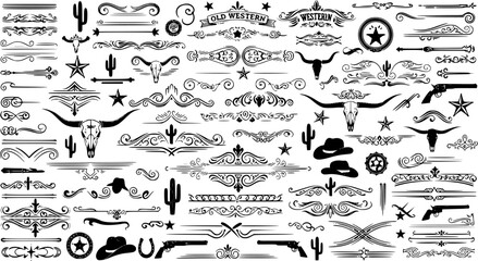 A large collection of old western design elements, embellishment, borders and divider lines.	