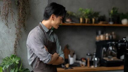 Young Asian man working as a barista in a modern cafe with plants decorating the space - Powered by Adobe