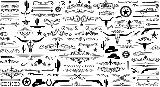 A large collection of old western design elements, embellishment, borders and divider lines.	