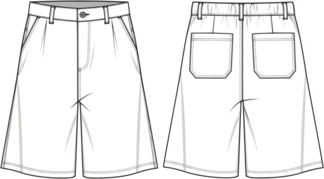 mens wide leg baggy bermuda shorts fashion flat sketch vector illustration technical cad drawing template
