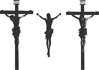 Silhouette vector illustration of three crosses representing the crucifixion, suitable for religious and spiritual contexts.