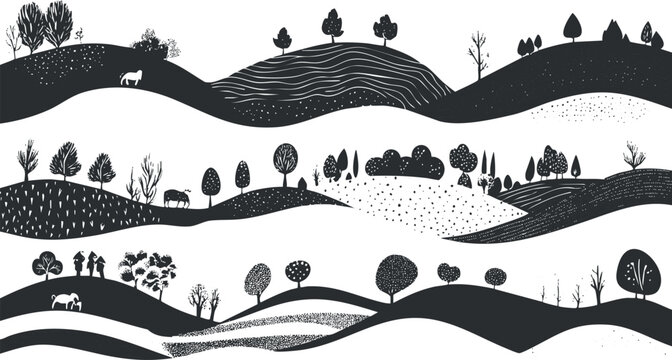 Stylized black and white vector illustration of rolling hills and trees, perfect for nature-themed design projects.