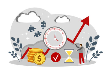 The concept of time management, making money and increasing profits. Man, Hand, Money and Clock